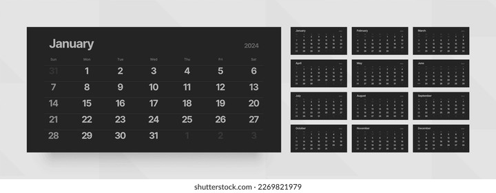 Quarter calendar template for 2024 year. Horizontal calendar grid in black and dark color. Week Starts on Sunday. 