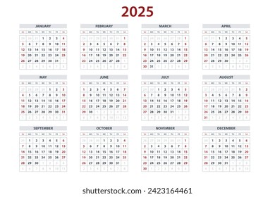 Quarter calendar template for 2025 year. Wall calendar grid in a minimalist style. Week Starts on Sunday.