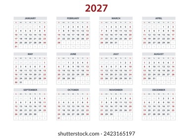 Quarter calendar template for 2027 year. Wall calendar grid in a minimalist style. Week Starts on Sunday.