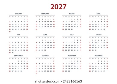 Quarter calendar template for 2027 year. Wall calendar grid in a minimalist style. Week Starts on Sunday.