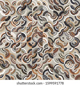 Quarter circle random geo pattern in neutral colors with linen fabric texture overlay. Ornate graphical motif. Dizzy wavy confusion graphic. Seamless repeat vector pattern swatch.