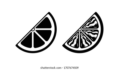 Icono plano de corte de cítricos de cuarto contorno contorno conjunto blanco y negro 2. Ilustración de arte digital pasos de diseño vectorial que muestran la diferencia entre hacer arte simple y agregar más detalles. 