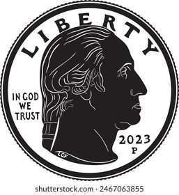 Vierteldollar-Münze-Vektorgrafik Design American Currency 2023 handgemachte Silhouette.	

