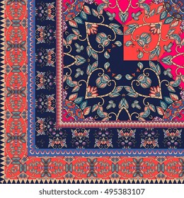 Quarter of the ethnic bandana print with ornamental border. Silk neck scarf with beautiful flowers and leaves. Rug. Vector illustration.