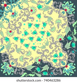 Quarter of ethnic bandana print with paisley ornament and stylized flowers in green and yellow colors. Vector design.