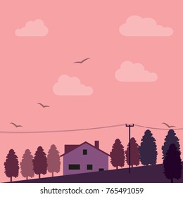 quarter, evening, dusk, west, street, residential streets, houses, birds, sky, flock of birds above the street, street in the background of the sunset