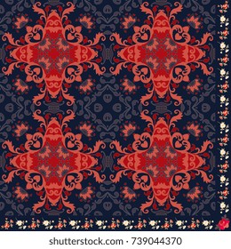 Quarter of folk shaw or carpet with beautiful abstract ornament and floral border. Indian, indonesian, african motives. 
