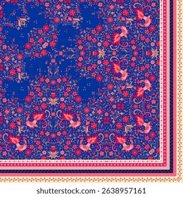 Quarter of the folk shawl print with ornamental border. Silk neck scarf with beautiful birds, flowers and leaves in a red and blue tones. Summer kerchief square pattern. Vector illustration.