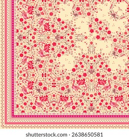 Quarter of the folkloric shawl print with ornamental border. Silk neck scarf with beautiful birds, flowers and leaves. Summer kerchief square pattern. Vector illustration.