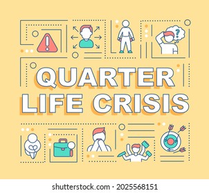 Quarter life crisis word concepts banner. Choosing a career path. Infographics with linear icons on orange background. Isolated creative typography. Vector outline color illustration with text