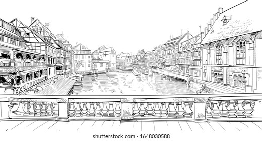 Quarter Little France. Strasbourg. France. Hand drawn sketch. Vector illustration.