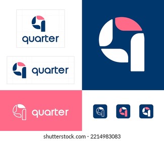 Quarter logo. Q monogram consists of some geometry elements. Identity, corporate style, app button set.