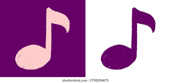 Quarter music note hand drawn chalk doodle. Elegant audio crotchet shape incorporating realistic blackboard crayon texture outlines for concert festival presentation layout graphic design asset clip art.