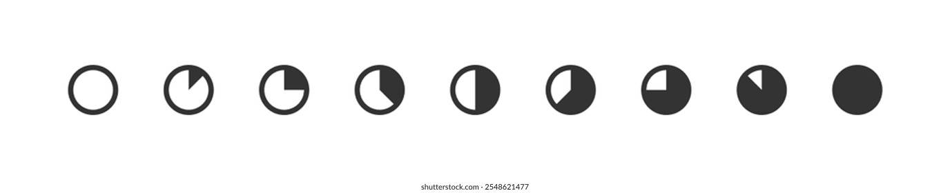 Ícone de conjunto de gráficos de pizza de relatório de trimestre. Ícones de progresso do círculo de trabalho. Símbolo do diagrama. Vetor isolado