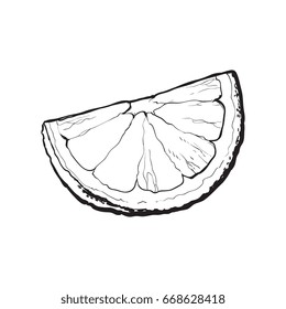 Quarter, segment, piece of ripe lime, hand drawn sketch style vector illustration on white background. Hand drawing of unpeeled grapefruit qurter, piece