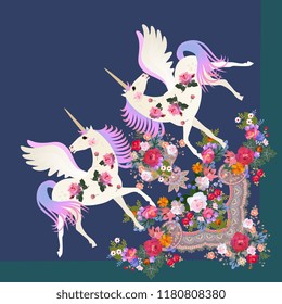 Quarter of shawl with cute winged unicorns and luxury floral ornzment in vector. 