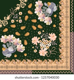 Quarter of shawl in ethnic style. Doves with tails in shape of bunchs of flowers, little hearts, stylized oak leaves and paisley ornament in vector.