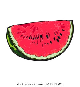 Quarter slice of ripe watermelon with black seeds, sketch style vector illustration isolated on white background. Realistic hand drawing of quarter section of red ripe watermelon