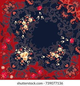 Quarter of vintage shawl with abstract paisley and magic floral pattern and bouquets of garden flowers in russian style. Beautiful vector illustration. Indian, spanish motives.