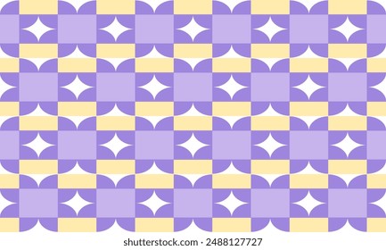 Quarter Yellow dot and purple and yellow overlap square block, diamond patter repeat seamless pattern design for fabric printing or t-shirt screening paint, checkerboard chess strip