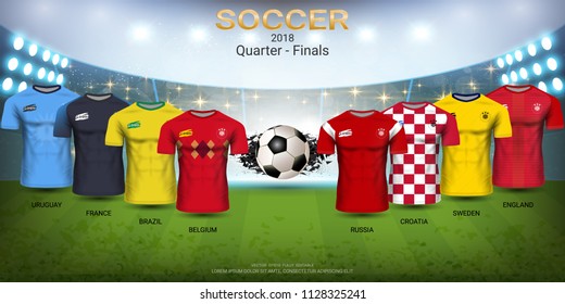 Quarter-Final of Football Cup 2018, World Best Soccer Teams Battle for the International Champions, Sport Field Background Template with Jersey Shirts Uniform (EPS10 Vector)