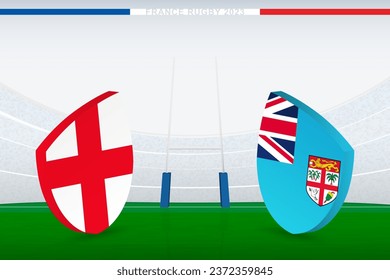 Quarter-final match between England and Fiji, illustration of rugby flag icon on rugby stadium. Vector illustration.
