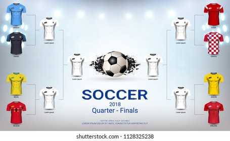 Quarter-Final Wall Chart of Football Cup 2018, World Best Soccer Teams Battle for the 2018 International Champions, Abstract Background and Empty White Sport Field Template with Jersey Shirt Uniform.