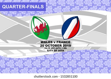 Quarter-finals, Wales vs France, Rugby match 2019, sakura pattern and stadium background Vector illustration.