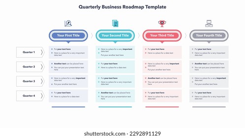 Quarterly business roadmap template with four colorful sections. Flat creative diagram with place for your texts.