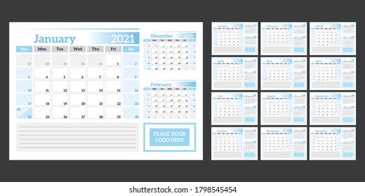 Quarterly calendar 2021. Blue horizontal office calendar in a simple style.