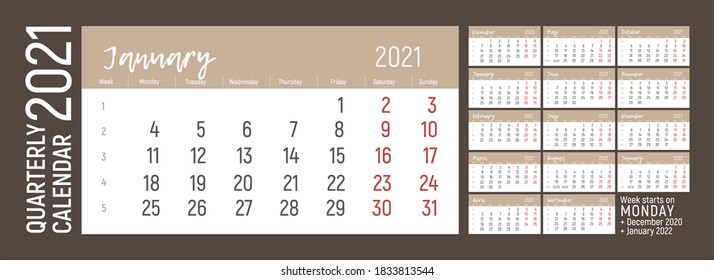 Calendario trimestral para el año 2021. Idioma inglés. La semana empieza el lunes. Semanas, diciembre de 2020, enero de 2022. Plantilla de calendario modificable del vector.