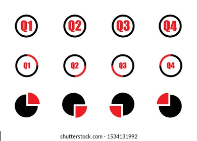 Quarterly icon set red and black showind first quarter second quarter third quarte and fourth quarter on three different designs isolated on white background