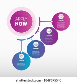 Quarterly report. Business presentation concept with 4 options and button "Apply now". Diagram.  Vector Infographic of technological or education process with four steps. Brochure design template.