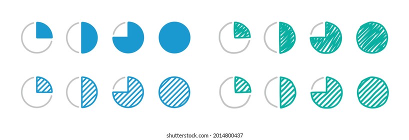 Quarters to show the progress of work on dark background, icon set