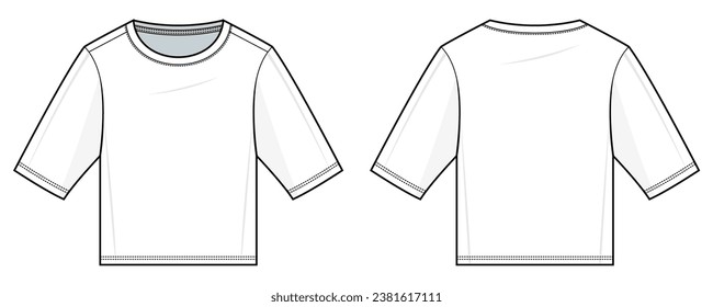 quarter-sleeved shirt flat technical fashion illustration. t-shirt fashion flat technical drawing template, front view, back view, white color, women, CAD mockup set.