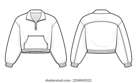 Cuchilla Pullover de barrio-Zip con ilustración de moda técnica de bolsillo canguro. Ilustración de la chaqueta vectorial. vista frontal y posterior. soltar el hombro. unisex. color blanco. Burla de CAD.