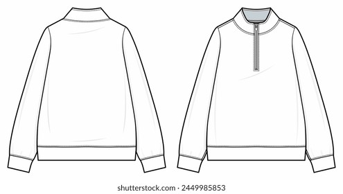 Quarter-zip pullover Technical fashion illustration. Quarter-zip pullover vector template illustration. front and back view. stand collar with zip placket, drop shoulder. ribbed trims. CAD mockup.