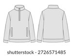 Quarter-zip sweatshirt technical sketch front and back view. 
Men