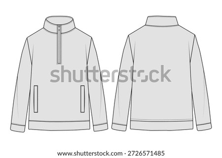 Quarter-zip sweatshirt technical sketch front and back view. 
Men's fleece pullover jacket vector flat fashion template. 
Mock neck zip-up jumper CAD drawing for manufacturing. 
Long sleeve sport sweater with pockets fashion illustration. 
Blank activewear half-zip top technical design for apparel. 