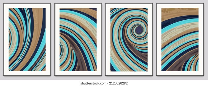 Cuarteto de imágenes vectoriales artísticas con ondas abstractas y bobinas de conchas de nautilus y giros en una disposición de galería. Esta obra de arte se encuentra en una paleta de azules y tanques, y tiene una calidad de mármol de papel.