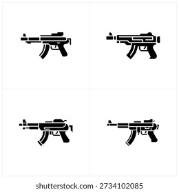 A quartet of black submachine gun icons arranged in a symmetrical, four-part grid.