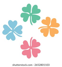 A quartet of four-leaf clovers, each rendered in a soft, distinct pastel color (green, blue, orange, pink), is scattered across the frame. These iconic symbols of good luck and fortune. Clover clipart
