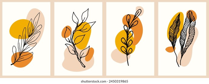 A quartet of minimalist plant illustrations in warm orange and peach tones, perfect for modern decor or nature-inspired graphic design projects