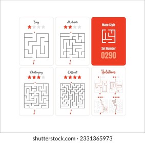 Quartet of Printable Square Labyrinth Puzzles for Children - Ranging from Simple to Challenging with Solutions Included - Ready-to-Print Classic Maze Vector Set 0290