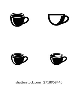 Un cuarteto de simples iconos de taza de café negro, cada uno con diseños ligeramente variados, ideales para menús o marca.