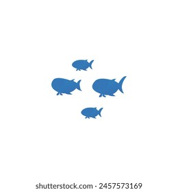 A quartet of simple blue fish silhouettes swimming in formation. Vector illustration ideal for underwater scenes or marine-themed design elements.