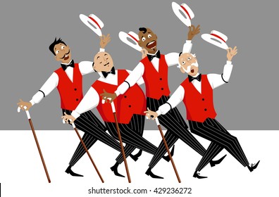 Quartet Of Singers In Barbershop Genre Singing And Dancing, EPS 8 Vector Illustration, No Transparencies