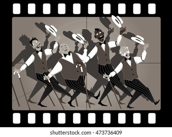 Quartet Of Singers In Barbershop Genre Singing And Dancing In An Old Movie Frame, EPS 8 Vector Illustration, No Transparencies