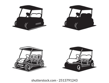 Cuarteto de Carritos de golf estilizados en ilustración monocromática