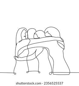 quartet of women hugging together - one line art vector. the concept female solidarity, teamwork, female friendship, girlfriends